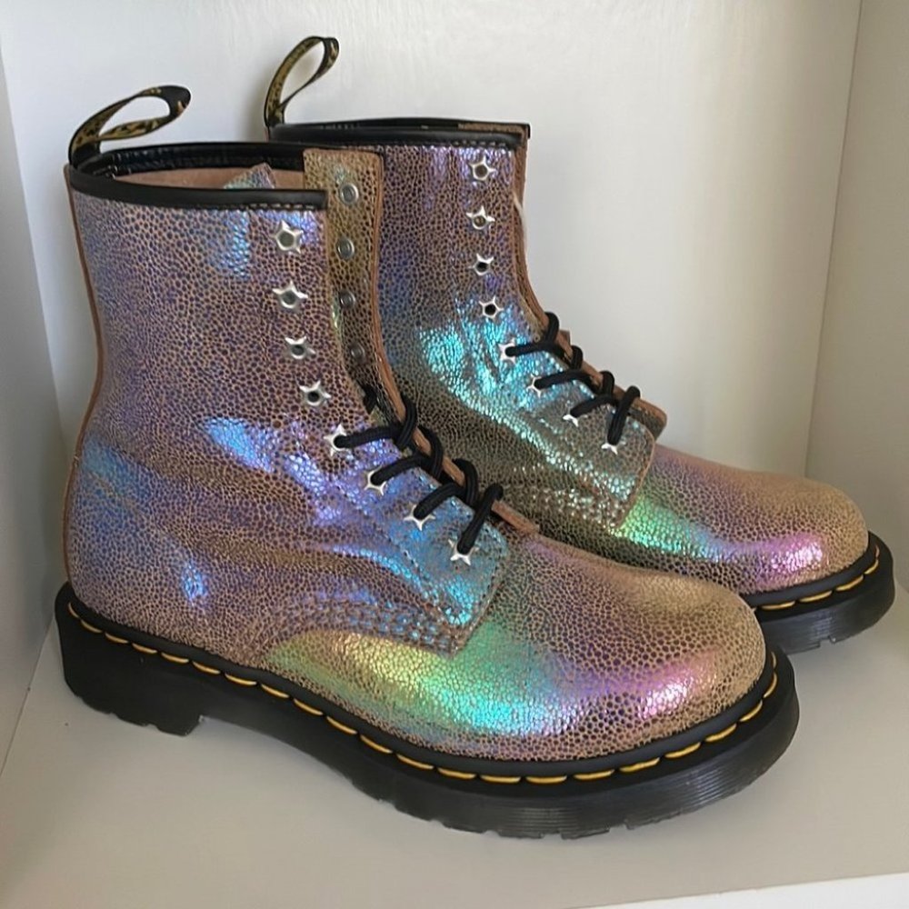 Dr. Martens 1460 Rainbow Ray Gold Iridescent Star Lace Up Combat Boots